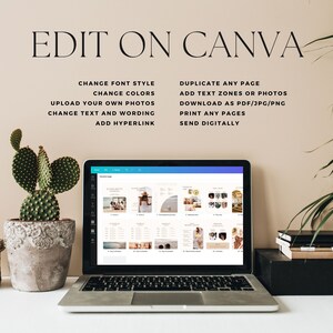 Może przedstawiać: Laptop wyświetlający szablon projektu Canva z jasnoniebieskim tłem i nakładanym białym tekstem &bdquo;EDIT ON CANVA&rdquo;. Tekst pod nagł&oacute;wkiem wymienia funkcje platformy projektowej Canva, takie jak &bdquo;Zmień styl czcionki&rdquo;, &bdquo;Zmień kolory&rdquo;, &bdquo;Prześlij własne zdjęcia&rdquo;, &bdquo;Zmień tekst i sformułowanie&rdquo;, &bdquo;Dodaj hiperłącze&rdquo;, &bdquo;Zduplikuj dowolną stronę&rdquo;, &bdquo;Dodaj strefy tekstowe lub zdjęcia&rdquo;, &bdquo;Pobierz jako PDF/JPG/PNG&rdquo;, &bdquo;Drukuj dowolne strony&rdquo; i &bdquo;Wyślij cyfrowo&rdquo;.