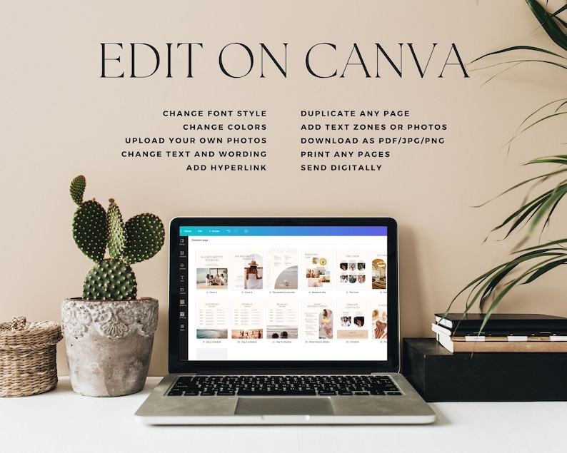 Może przedstawiać: Laptop wyświetlający szablon projektu Canva z jasnoniebieskim tłem i nakładanym białym tekstem &bdquo;EDIT ON CANVA&rdquo;. Tekst pod nagł&oacute;wkiem wymienia funkcje platformy projektowej Canva, takie jak &bdquo;Zmień styl czcionki&rdquo;, &bdquo;Zmień kolory&rdquo;, &bdquo;Prześlij własne zdjęcia&rdquo;, &bdquo;Zmień tekst i sformułowanie&rdquo;, &bdquo;Dodaj hiperłącze&rdquo;, &bdquo;Zduplikuj dowolną stronę&rdquo;, &bdquo;Dodaj strefy tekstowe lub zdjęcia&rdquo;, &bdquo;Pobierz jako PDF/JPG/PNG&rdquo;, &bdquo;Drukuj dowolne strony&rdquo; i &bdquo;Wyślij cyfrowo&rdquo;.