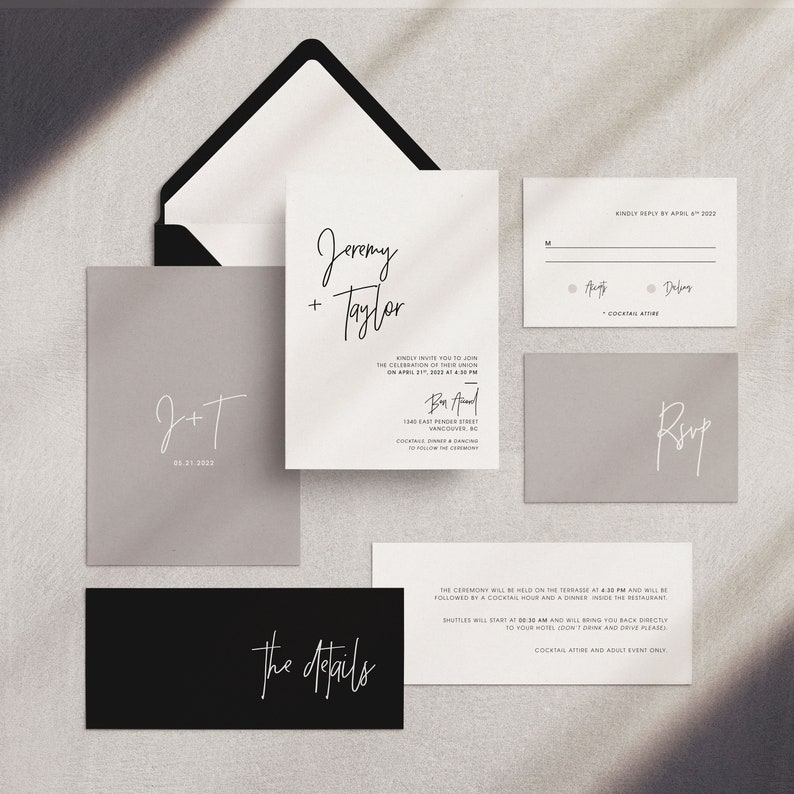 Printable Wedding Invitation Set Wedding Invitation RSVP Modern, minimalist, black, white, gray, neutral, calligraphy TAYLOR image 1