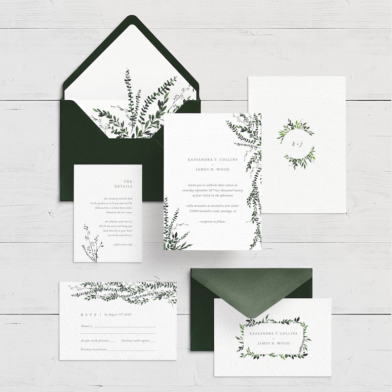 Printable Wedding Invitation Set, Modern Wedding Invitation suite, greenery, foliage, minimalist wedding invites Climbing Greenery image 4