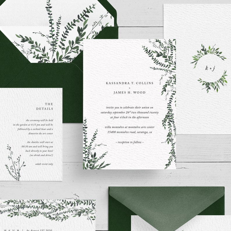 Printable Wedding Invitation Set, Modern Wedding Invitation suite, greenery, foliage, minimalist wedding invites Climbing Greenery image 2