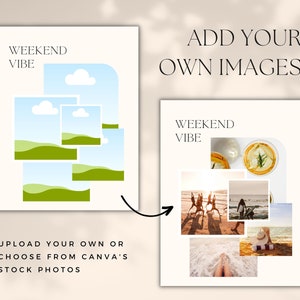 Może przedstawiać: Szablon projektu graficznego z tekstem "Weekend Vibe" i kolażem obraz&oacute;w. Szablon pokazuje, jak dodać własne obrazy do projektu. Obrazy w szablonie to plaża, nap&oacute;j i osoba relaksująca się na plaży.
