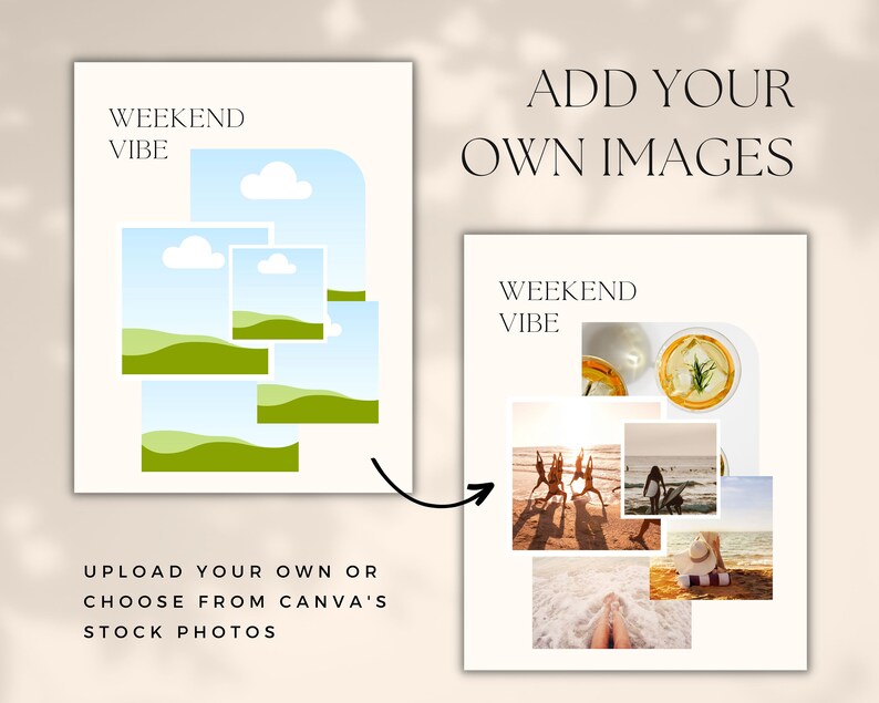 Może przedstawiać: Szablon projektu graficznego z tekstem "Weekend Vibe" i kolażem obraz&oacute;w. Szablon pokazuje, jak dodać własne obrazy do projektu. Obrazy w szablonie to plaża, nap&oacute;j i osoba relaksująca się na plaży.