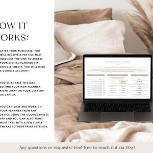 May include: A laptop computer with a white background displaying a wedding planner spreadsheet. The text "Wedding Planner" is at the top of the spreadsheet. The laptop is on a beige blanket with a white pillow behind it.