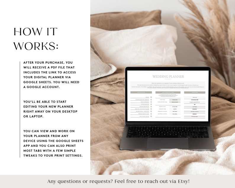 May include: A laptop computer with a white background displaying a wedding planner spreadsheet. The text "Wedding Planner" is at the top of the spreadsheet. The laptop is on a beige blanket with a white pillow behind it.