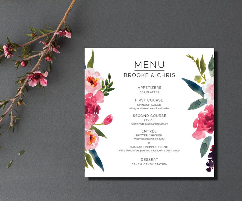 floral Watercolor Peonies Printable Wedding Menu modern botanical bohemian pink