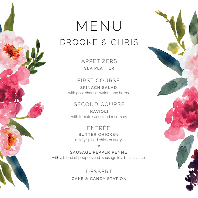 floral Watercolor Peonies Printable Wedding Menu modern botanical bohemian pink