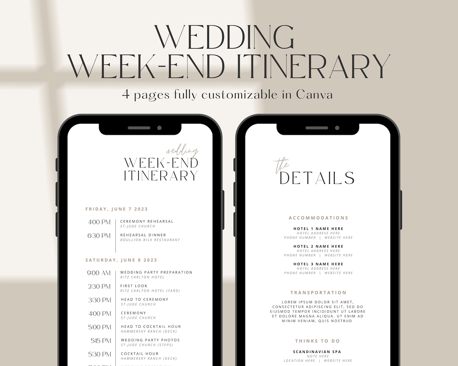 WEDDING ITINERARY TEMPLATE Editable on Canva Perfect for Wedding Party