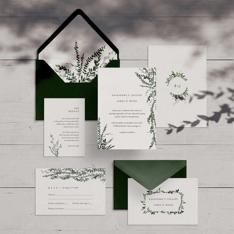 Printable Wedding Invitation Set, Modern Wedding Invitation suite, greenery, foliage, minimalist wedding invites Climbing Greenery image 1