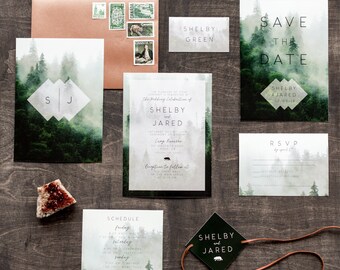 Printable Wedding Invitation Set, Rustic Wedding Invitation, Forest, Woodland, Camp, Modern, Geometric, Bear, Nature, Mountain | Fog Forest