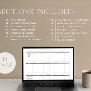 May include: A laptop computer displaying a wedding planning checklist with 14 tabs, including a music planner, guest list, budget breakdown, and vendor sourcing. The laptop is on a table with a beige mug.