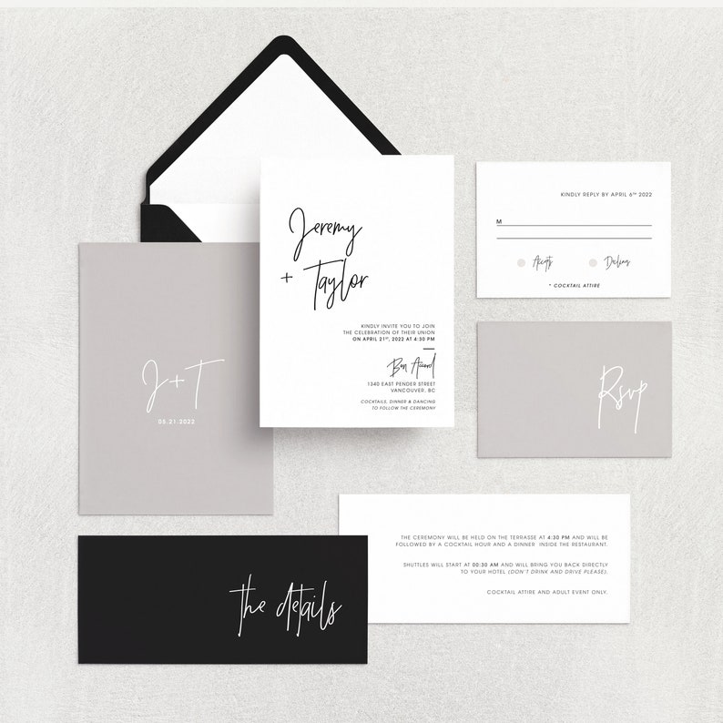 Printable Wedding Invitation Set Wedding Invitation RSVP Modern, minimalist, black, white, gray, neutral, calligraphy TAYLOR image 5