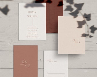 Printable Wedding Invitation Set | Modern Wedding Invitation suite |  Earthy tones, clay, modern, minimalist, terra cotta, color | Olivia
