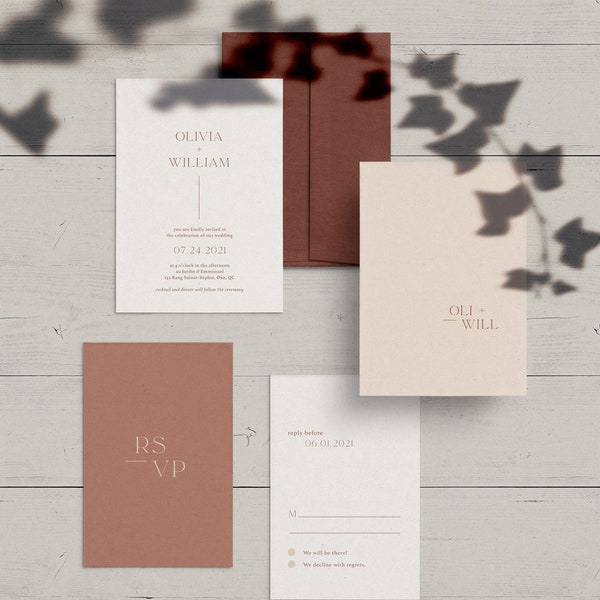Printable Wedding Invitation Set | Modern Wedding Invitation suite |  Earthy tones, clay, modern, minimalist, terra cotta, color | Olivia