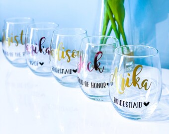 Personalized Stemless Wine Glass | Bridesmaid Glasses | Bridal Party Gift | Bridesmaid Proposal | Custom Wine Glasses | Bachelorette Party