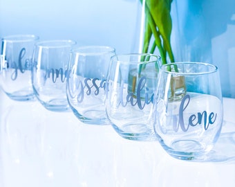 Personalized Stemless Wine Glass | Bridesmaid Glasses | Bridal Party Gift | Bridesmaid Proposal | Custom Wine Glasses | Bachelorette Party