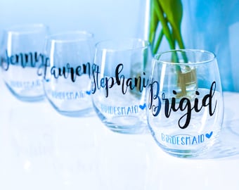 Personalized Stemless Wine Glass | Bridesmaid Glasses | Bridal Party Gift | Bridesmaid Proposal | Custom Wine Glasses | Bachelorette Party