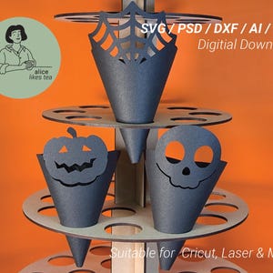 May include: A three-tiered wooden stand with black paper cones decorated with Halloween-themed cutouts: a spiderweb, a pumpkin, and a skull. The cones are suitable for Cricut, Laser, and more. SVG/PSD/DXF/AI/EPS Digital Download.