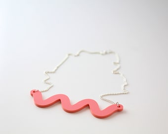 Wiggle Acrylic Necklace - Silver Plated Chain - 6 Colours Available - Laser Cut