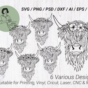 Bloem Highland Cow SVG DXF Png eps- Kleurrijke koe Multilayer - Graveerbare Highland Cow 3D Papercraft SVG-bestand voor Cricut Laser