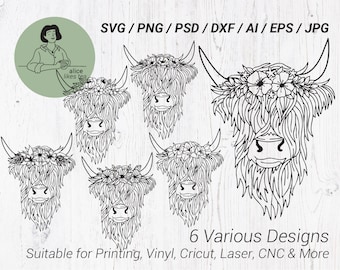 Blomma Highland Cow SVG DXF Png eps - Färgglad ko flerskiktad - Klippbar Highland Cow 3D Papercraft SVG-fil för Cricut Laser