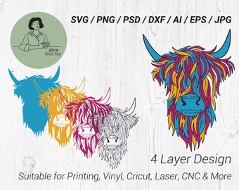 Highland Cow 3D Layered For Cardstock - Colorful Cow Multilayer - Mandala Pop Art / Highland Cow 3D Papercraft SVG File For Cricut Laser