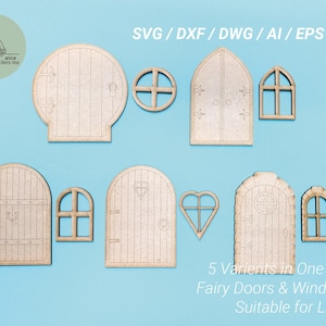 Op de afbeelding: Een set van vijf lasergesneden feedeuren en -ramen in verschillende vormen en maten. De ontwerpen omvatten een ronde deur, een hartvormig raam, een rechthoekig raam en twee gebogen deuren. De ontwerpen zijn geschikt voor lasersnijden.