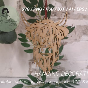 Highland Cow Hanging Decoration - Mucca colorata - File SVG di Highland Cow per Cricut Laser - Natale