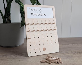 31 Day - Month Habit Tracker – Free Standing Wooden Self Care & Wellness Board – Reusable Mindful Daily Routine - Writeable Simple Design