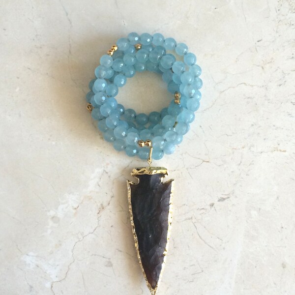 Light Blue Jade Bead Necklace // Brown Arrowhead Pendant // Long