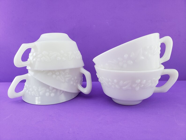 5 Milk Glass CUPS Embossed FLOWERS & IVY Tea Coffee Vtg Hazel Etsy