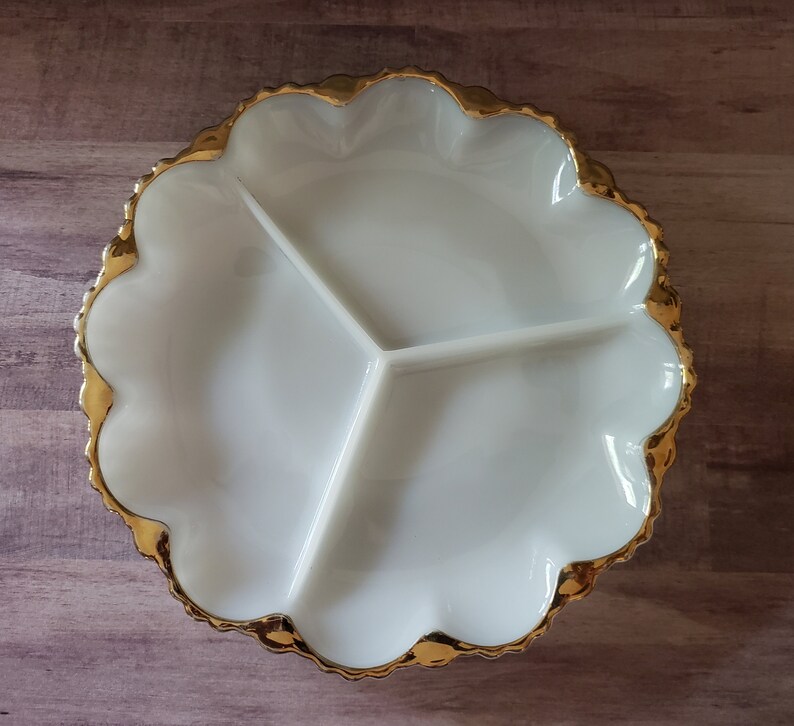 Divided Relish Tray Fire King Milk Glass Gold Rim Dish by Etsy Canada