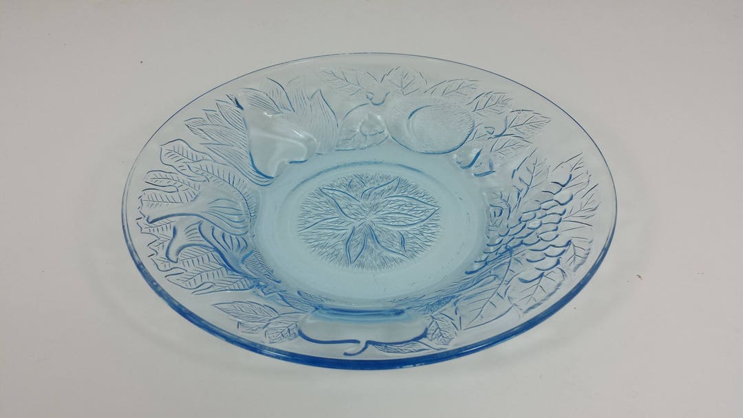 Rimmed Salad Bowl Blue Glass Salad Plate With Embossed Fruit Etsy