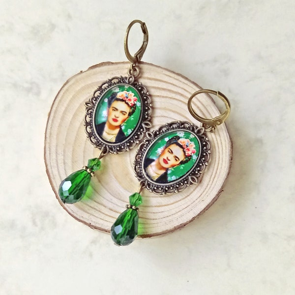 Zielone kolczyki Frida w stylu vintage, kolczyki wiszące Frida Kahlo, kolczyki brązowe z zieloną łzą i Frida, prezent dla kobiet