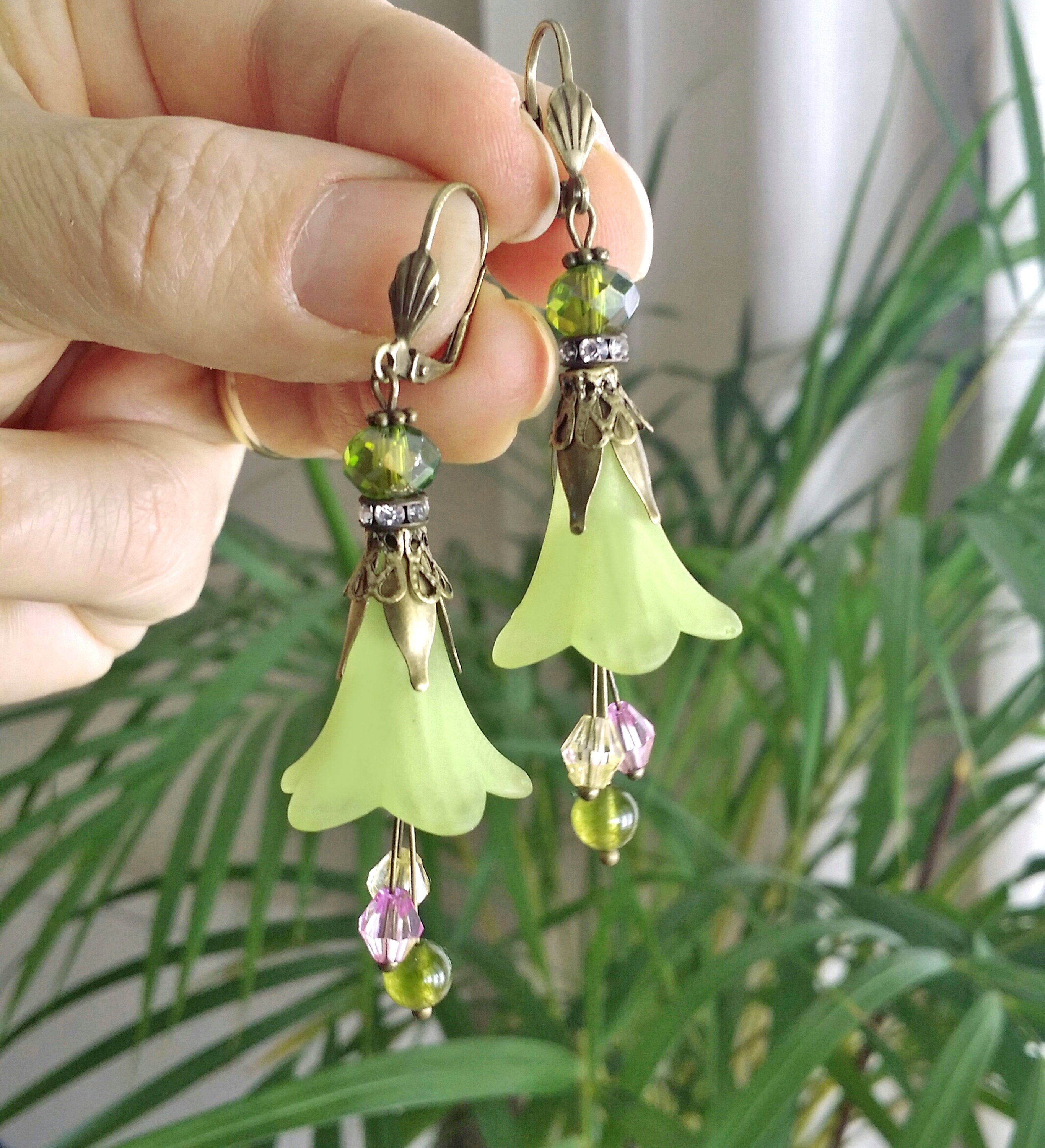 Pistachio earrings with Lily Flower boho earrings earrings Etsy