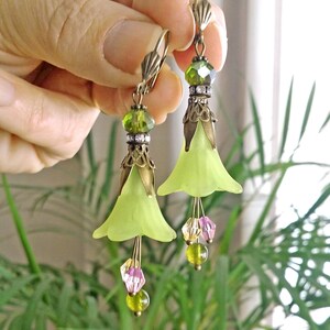 Pistachio earrings with Lily Flower, boho earrings,Lucite flower earrings,gift for women,christmas gift image 5