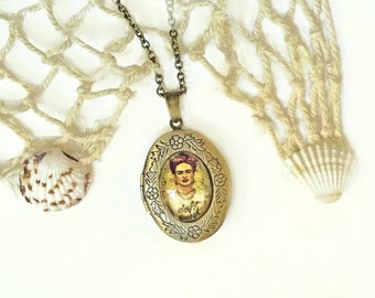 Relicario-portafoto Frida,medallón Frida,guardapelos con Frida,relicario en bronce Frida,regalo para mujer,regalo de Navidad,guardafoto