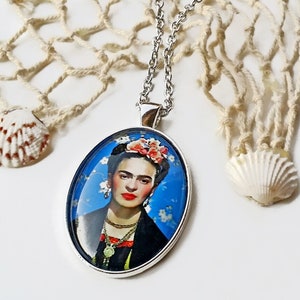 Large blue FRIDA pendant, Frida Kahlo necklace, Frida oval pendant, Frida Kahlo jewelry, gift for women, Christmas gift, blue necklace Frida image 4