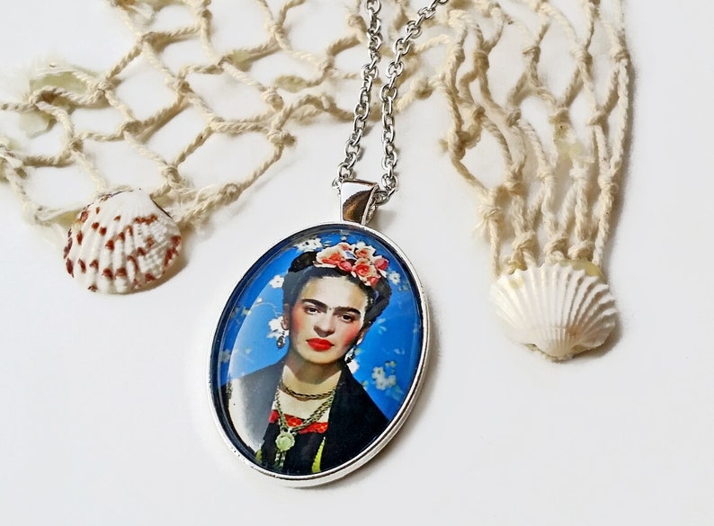 Large blue FRIDA pendant, Frida Kahlo necklace, Frida oval pendant, Frida Kahlo jewelry, gift for women, Christmas gift, blue necklace Frida image 4