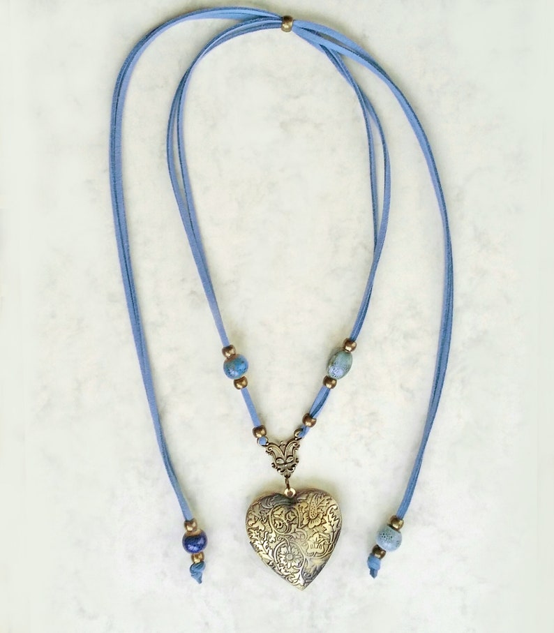 Collier multiposition avec médaille-coeur, collier porte-photo médaillon, collier boho, pendentif coeur, médaillon coeur image 3