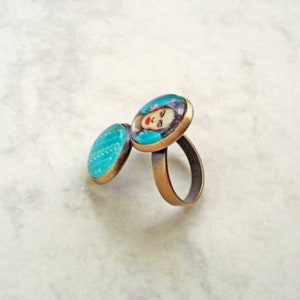 FRIDA double ring, original Frida ring, ring with 2 Frida cameos, Frida jewelry, turquoise Frida Kahlo ring image 6