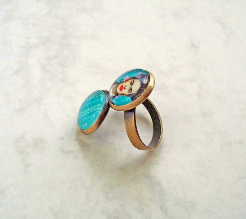 FRIDA double ring, original Frida ring, ring with 2 Frida cameos, Frida jewelry, turquoise Frida Kahlo ring image 6