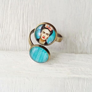 FRIDA double ring, original Frida ring, ring with 2 Frida cameos, Frida jewelry, turquoise Frida Kahlo ring image 1