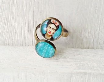 Podwójny pierścionek FRIDA, oryginalny pierścionek Frida, pierścionek z 2 kameami Frida, biżuteria Frida, turkusowy pierścionek Frida Kahlo