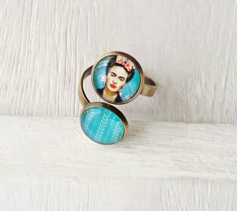 FRIDA double ring, original Frida ring, ring with 2 Frida cameos, Frida jewelry, turquoise Frida Kahlo ring image 1