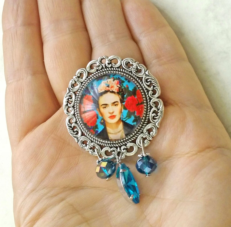 Blue Frida Kahlo brooch, Frida pink brooch, Frida jeans jacket ornament, Frida brooch, gift for women, gift for girl, Frida Kahlo jewelry image 9