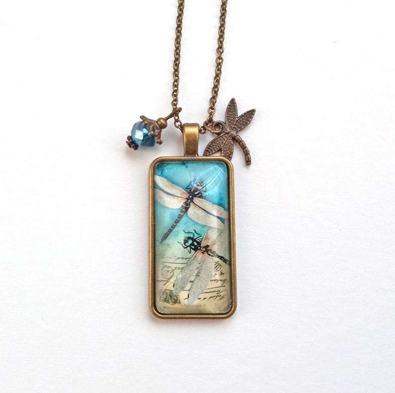 Dragonfly long necklace, vintage bronze dragonfly pendant, romantic necklace for women, gift for women, christmas gift Blue