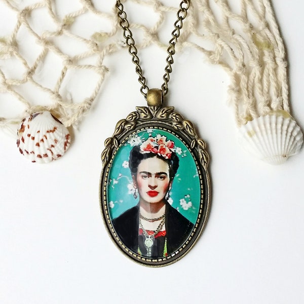 Collana lunga Frida stile vintage, ciondolo turchese con Frida, gioielli Frida Kahlo, regalo per  donne, regalo per la madre,Pendente FRIDA