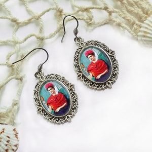 Pendientes ovalados turquesa Frida Kahlo,bisuteria con Frida,pendientes estilo antiguo Frida,pendientes colgantes azules,regalo para mujer imagen 6