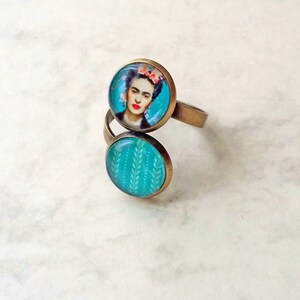 FRIDA double ring, original Frida ring, ring with 2 Frida cameos, Frida jewelry, turquoise Frida Kahlo ring image 4